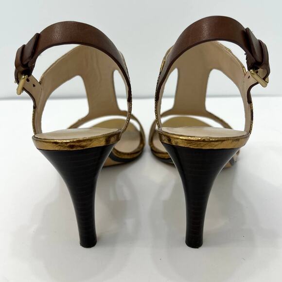 Michael Kors Gold Metallic T-Strap Heeled Sandals Shoes | Size: 9.5M - Picture 9 of 13
